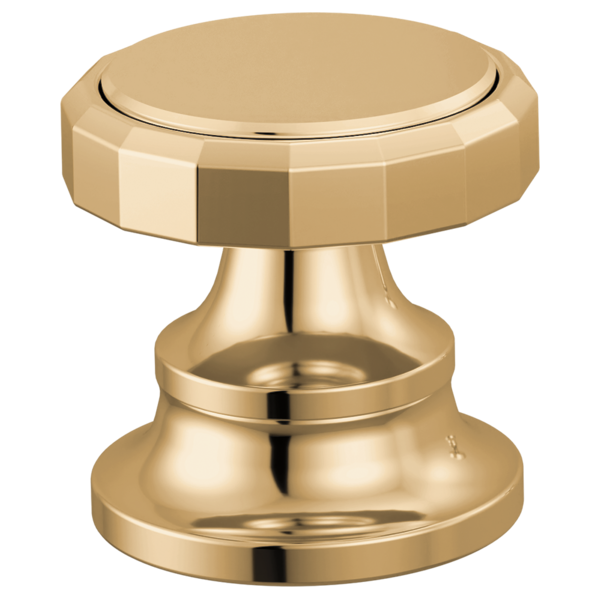 Polished gold wheel handle with circular knurled top and pedestal base for widespread lavatory faucet.