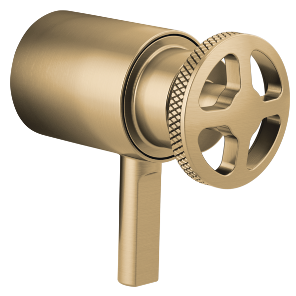 Champagne bronze thermostatic valve trim wheel handle with cylindrical body and circular grip handle.