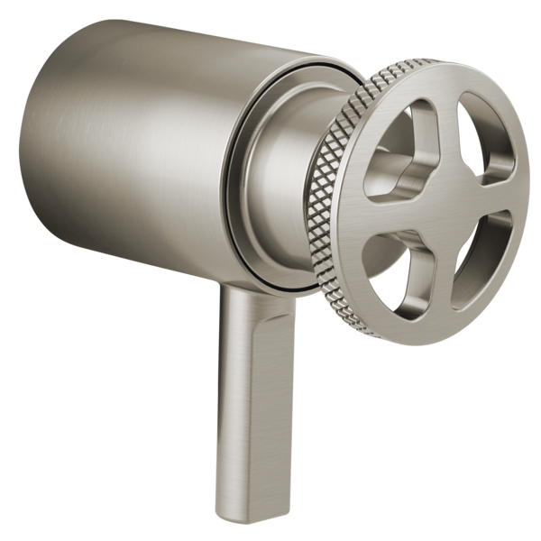 Brushed nickel thermostatic valve trim with wheel handle and cylindrical body.