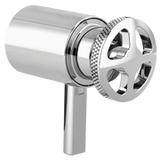Chrome thermostatic valve trim with wheel handle and textured grip ring, featuring cylindrical body and lever stem.