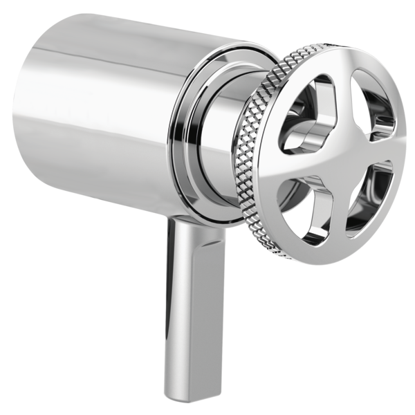 Chrome thermostatic valve trim with wheel handle and textured grip ring, featuring cylindrical body and lever stem.