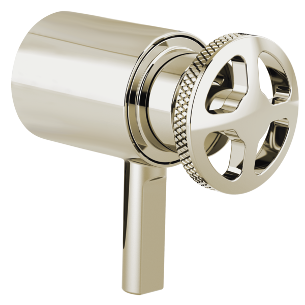 Polished nickel thermostatic valve trim with wheel handle and cylindrical body.