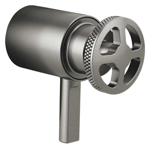 Brushed nickel thermostatic valve trim with wheel handle and cylindrical body connection.