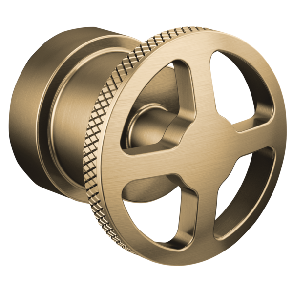 Brushed gold pressure balance valve trim with wheel handle and textured grip ring.