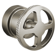 Brushed nickel pressure balance valve trim wheel handle with textured grip band and circular cutout design.