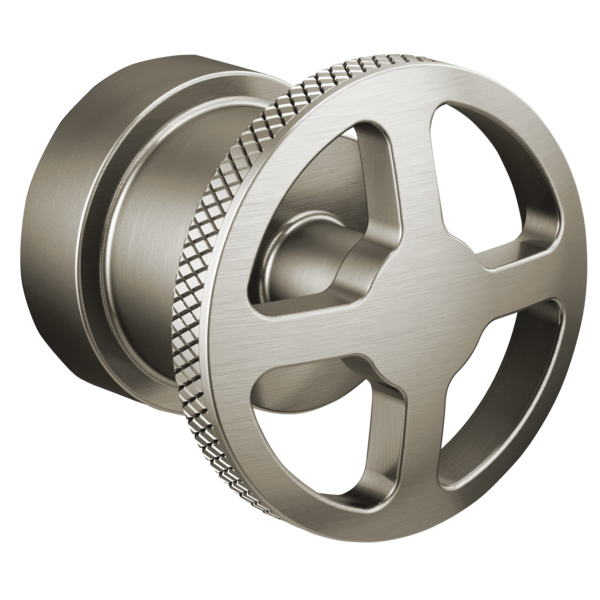 Brushed nickel pressure balance valve trim wheel handle with textured grip band and circular cutout design.