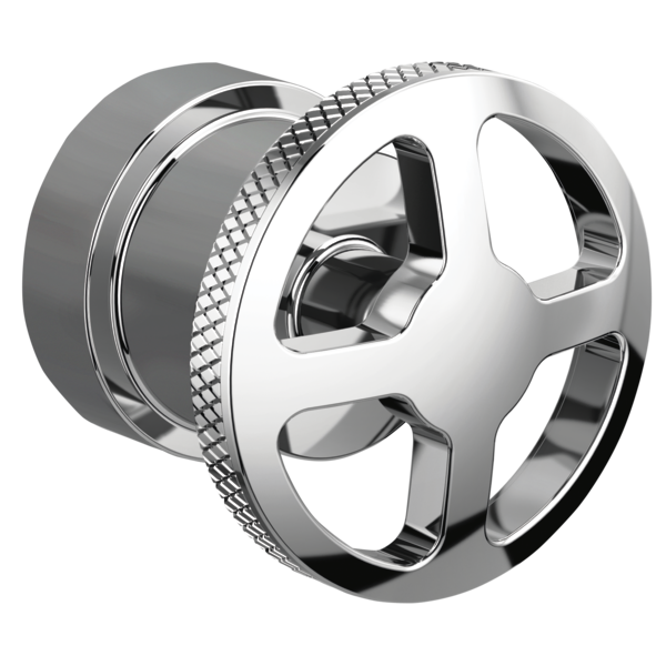 Brizo Litze chrome wheel handle with textured grip ring and pressure balance valve trim component.