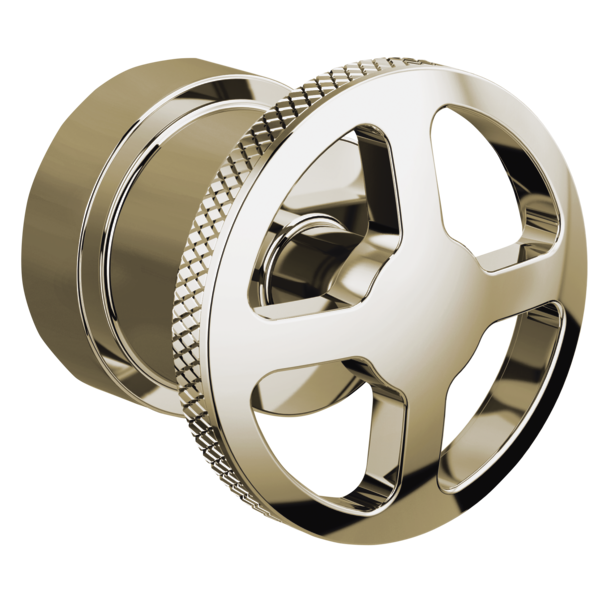 Brizo Litze polished nickel wheel handle trim kit with textured grip and cylindrical valve body.