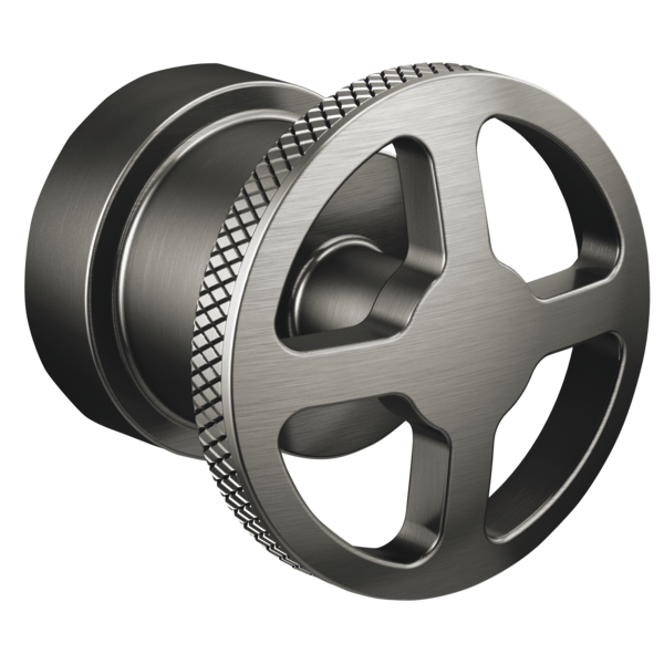 Brushed nickel wheel handle valve trim with textured grip band and circular cutout design.