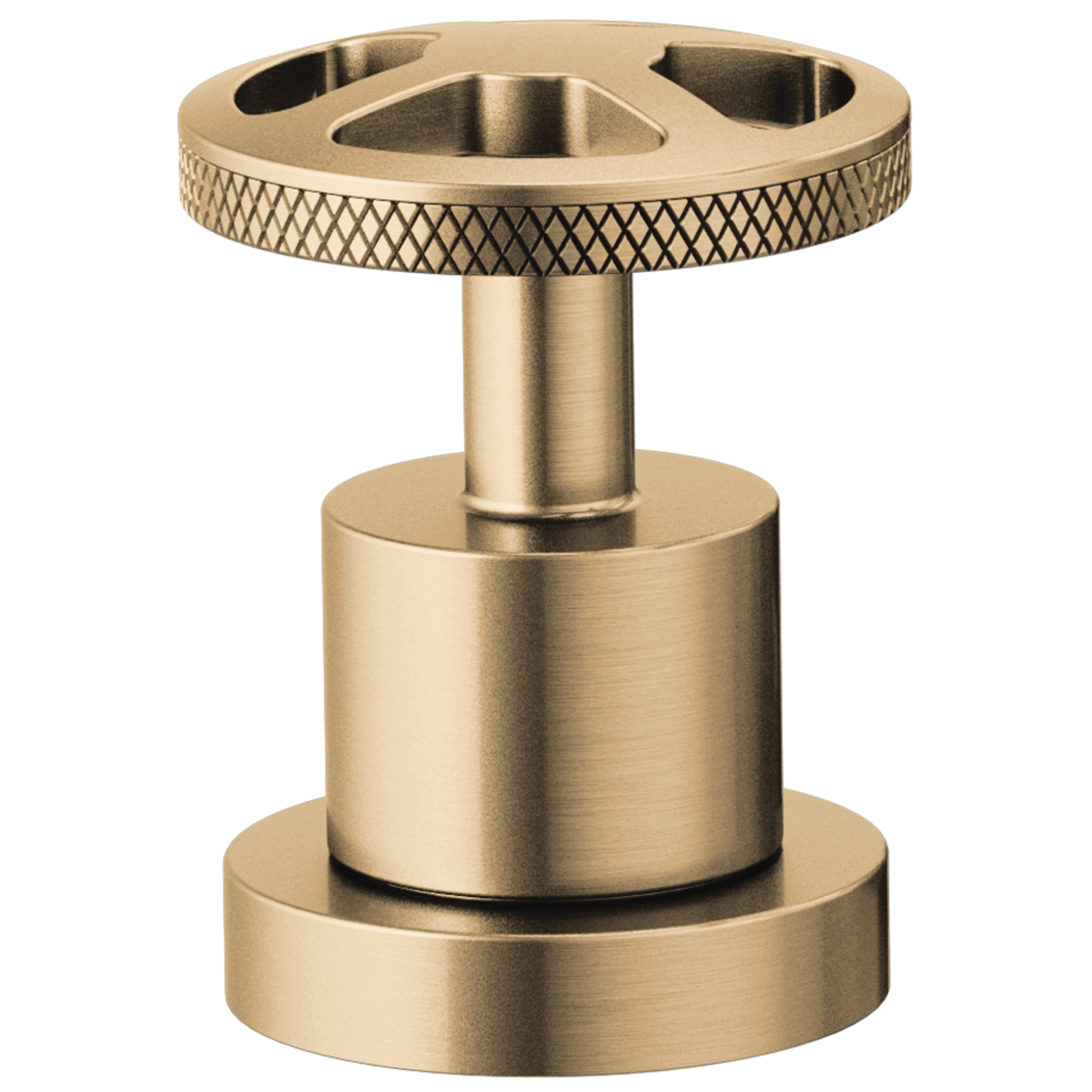 Champagne bronze wheel handle with textured grip and cylindrical stem for Roman tub faucet installation.