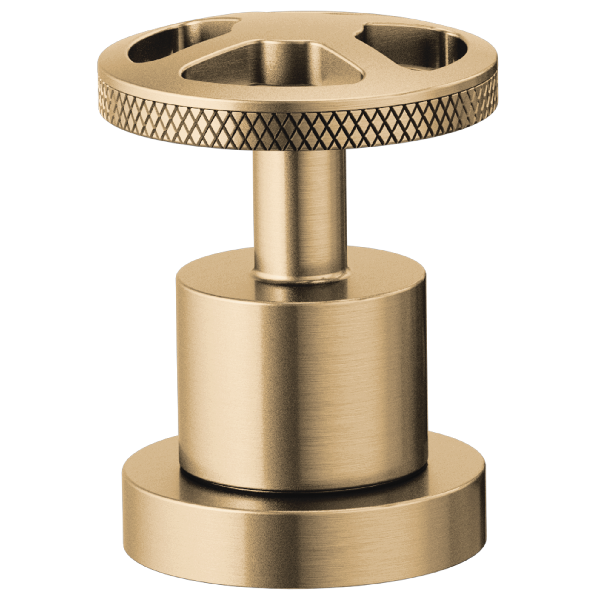 Champagne bronze wheel handle with textured grip and cylindrical stem for Roman tub faucet installation.