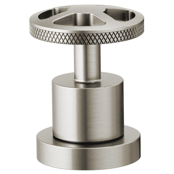 Brushed nickel wheel handle kit with textured grip ring and cylindrical mounting post for Roman tub faucet.