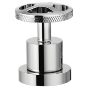 Polished chrome wheel handle with textured grip and cylindrical mounting base for Roman tub faucet.