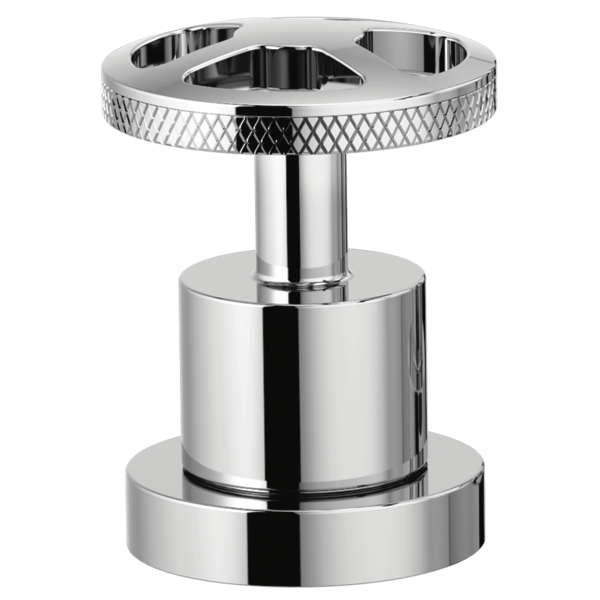 Polished chrome wheel handle with textured grip and cylindrical mounting base for Roman tub faucet.