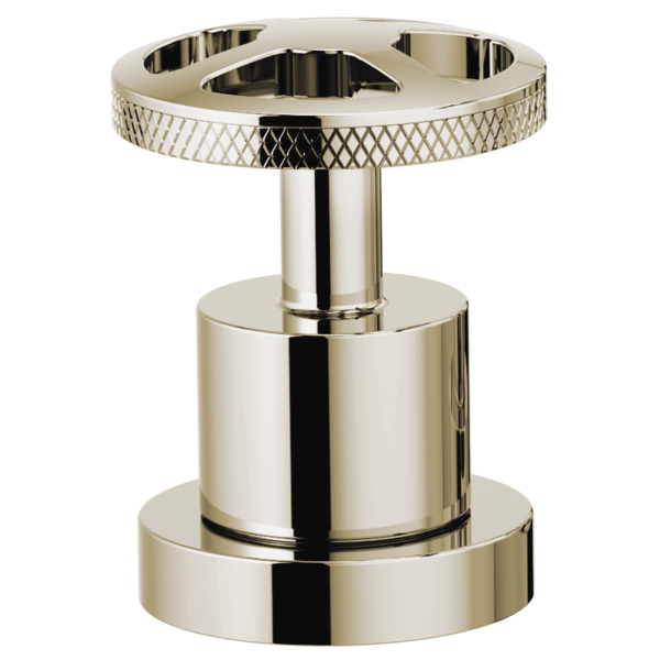 Polished nickel wheel handle with crosshatch pattern and cylindrical mounting base for Roman tub faucet.