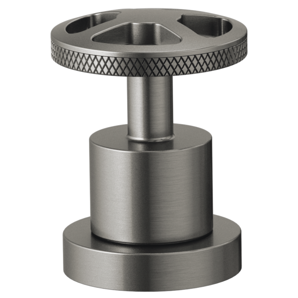 Brushed nickel wheel handle kit with knurled grip and cylindrical mounting base for roman tub faucet.