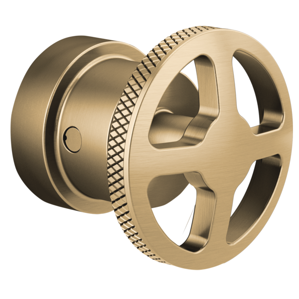 Champagne bronze thermostatic valve trim wheel handle with textured grip and circular mounting base.