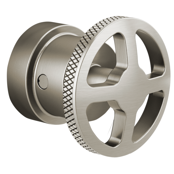 Brushed nickel thermostatic valve trim wheel handle with circular openings and textured grip band.