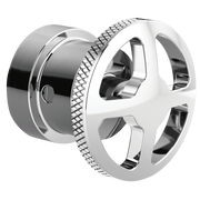 Chrome thermostatic valve trim with wheel handle featuring textured grip and rounded spoke design.