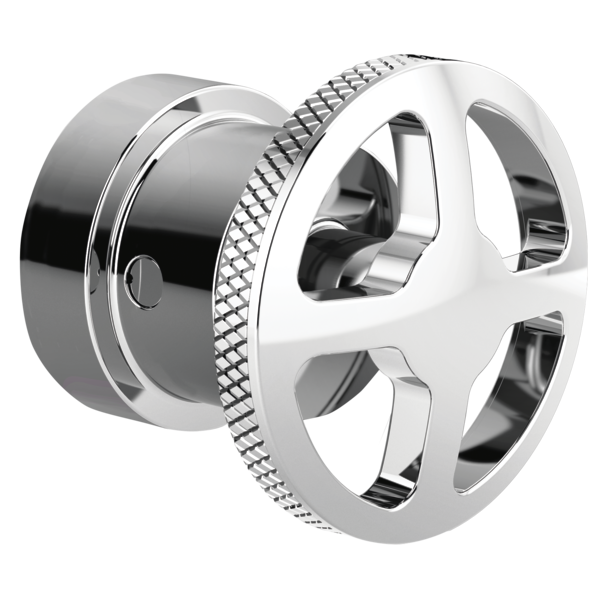 Chrome thermostatic valve trim with wheel handle featuring textured grip and rounded spoke design.