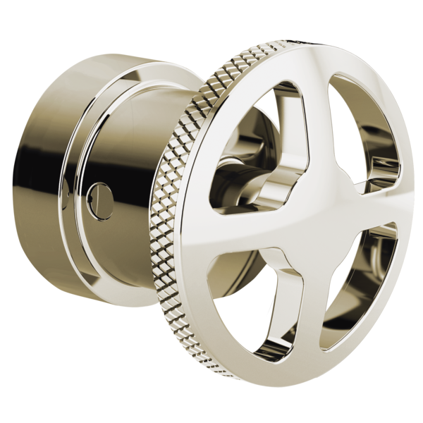 Polished nickel wheel handle with textured grip ring and cylindrical mounting base for thermostatic valve trim.