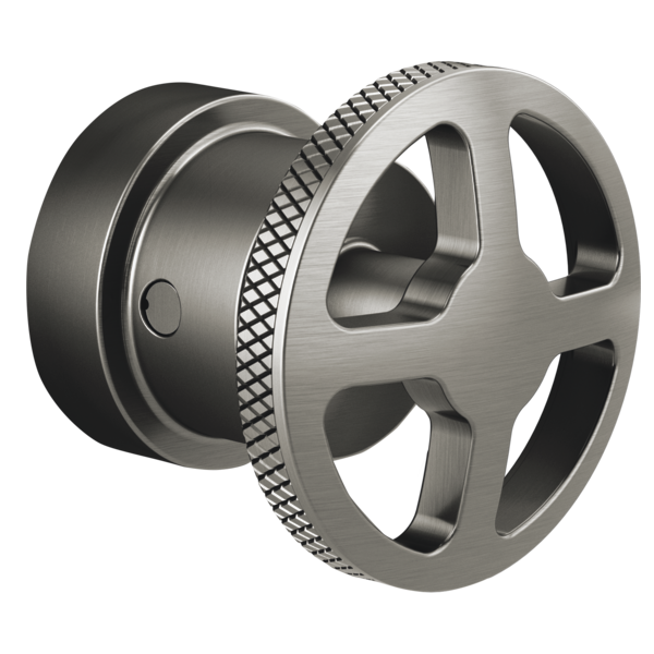 Brushed nickel thermostatic valve trim wheel handle with textured grip and circular mounting base.