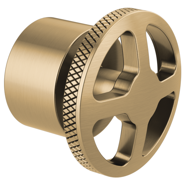 Champagne bronze wheel handle with textured grip and mounting base for tub filler valve.