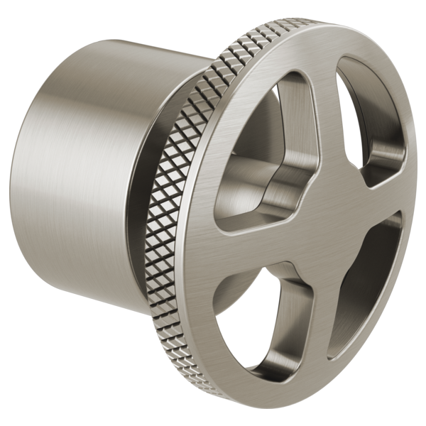 Brushed nickel wheel handle kit with textured grip ring and cylindrical connector for tub filler valve.