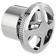Chrome wheel handle with textured grip ring and cylindrical connection port for tub filler installation.