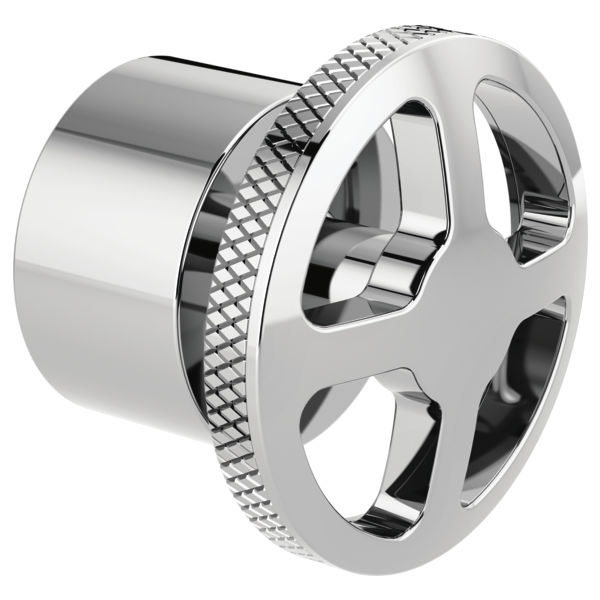 Chrome wheel handle with textured grip ring and cylindrical connection port for tub filler installation.