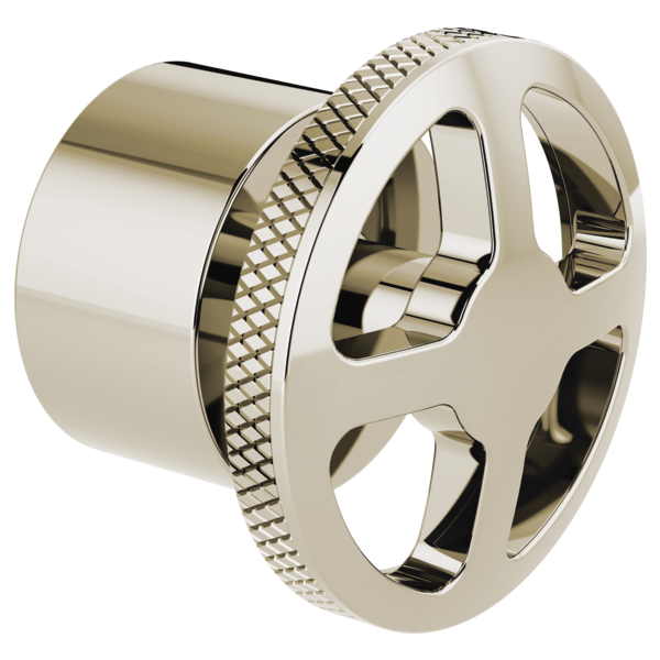 Polished nickel wheel handle with textured grip ring and cylindrical connection collar for tub filler.