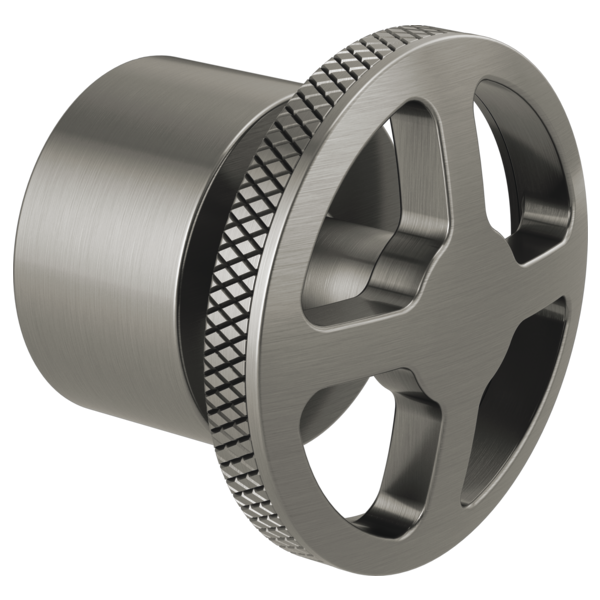 Brushed nickel wheel handle with textured grip ring and cylindrical connector for tub filler valve.