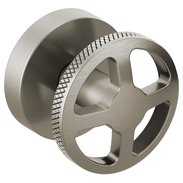 Brushed nickel wheel handle with textured grip ring and circular mounting flange for tub filler.