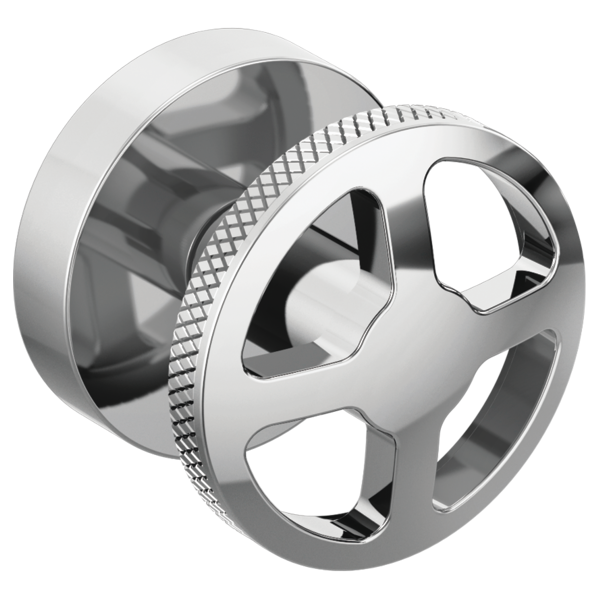 Chrome wheel handle with textured grip ring and mounting flange for tub filler valve.