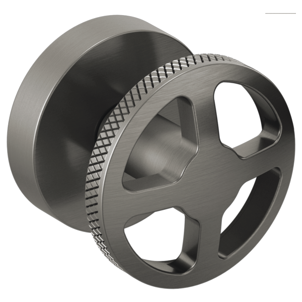 Brushed metal wheel handle with textured grip ring and mounting collar for wall-mounted faucet.