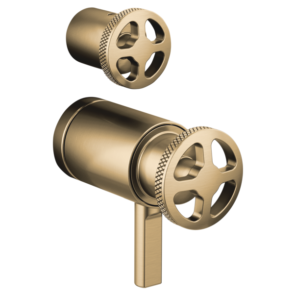 Champagne bronze thermostatic valve with wheel handle and diverter, shown in two angles with cylindrical body and textured co