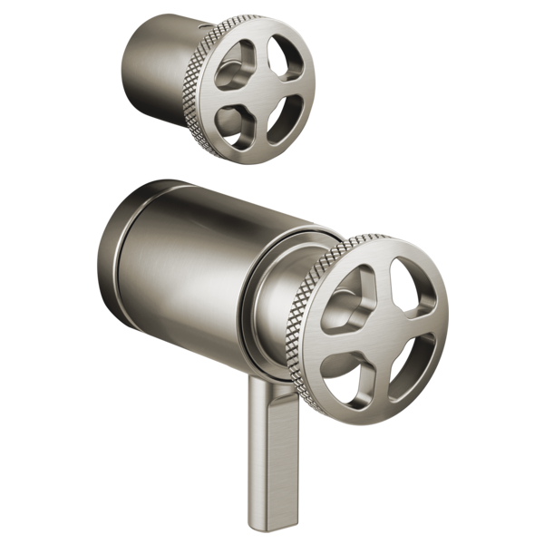 Brushed nickel thermostatic valve with wheel handle and diverter in two configurations, shown from different angles.