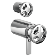 Chrome thermostatic valve with wheel-style handles and textured grip details, shown from two angles.