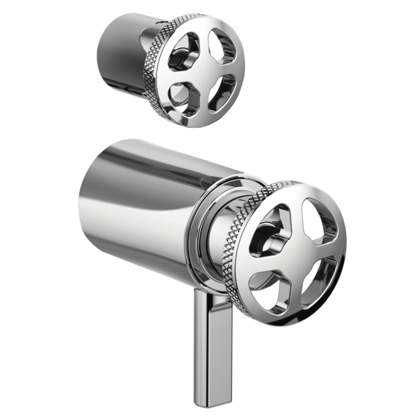 Chrome thermostatic valve with wheel-style handles and textured grip details, shown from two angles.