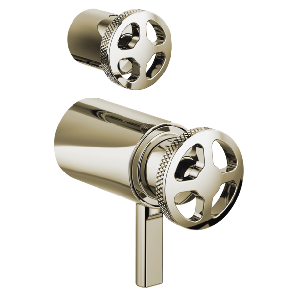 Polished nickel thermostatic valve with wheel handles and rectangular lever, shown in two angles.