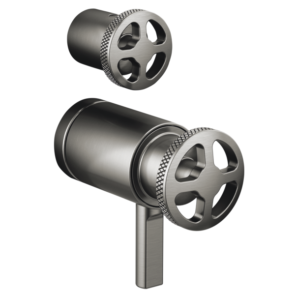 Chrome thermostatic valve with wheel handles and rectangular lever, shown in two views.