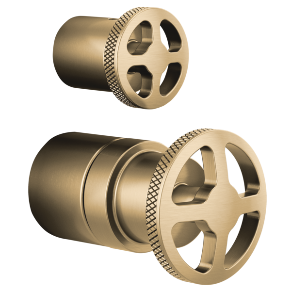 Champagne bronze pressure balance valve with integrated diverter and wheel handle trim kit shown in two configurations.
