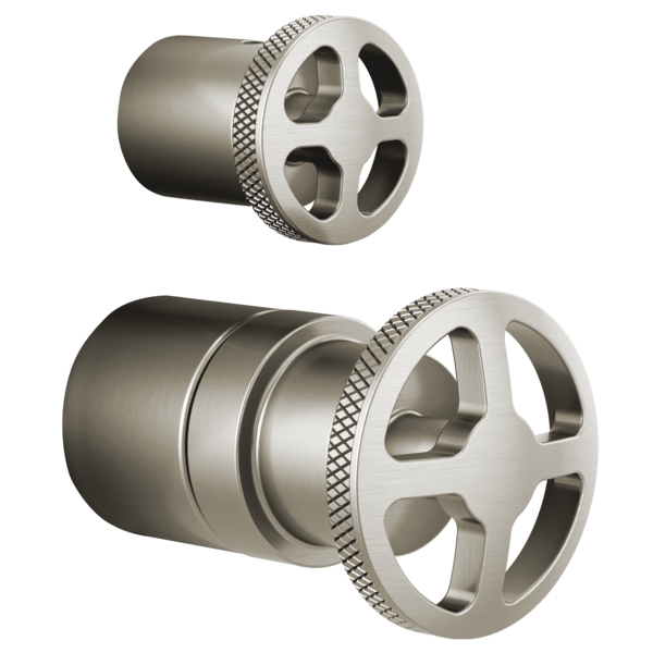 Brushed nickel pressure balance valve trim with integrated diverter and wheel handle in two component views.