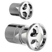 Chrome pressure balance valve trim with integrated diverter wheel handle and textured grip ring, shown in two assembly views.