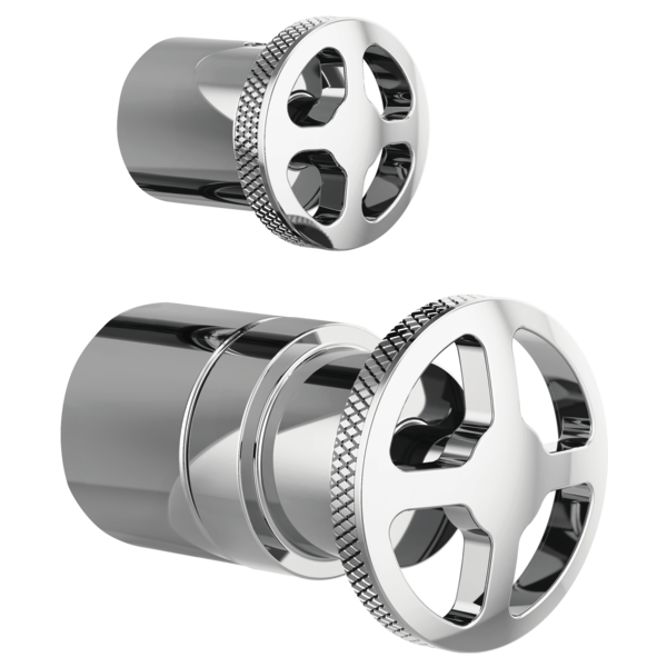 Chrome pressure balance valve trim with integrated diverter wheel handle and textured grip ring, shown in two assembly views.