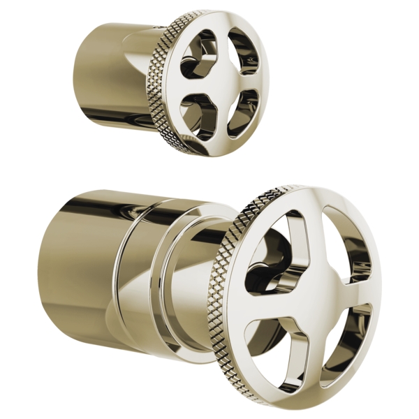 Polished nickel pressure balance valve trim with integrated diverter, featuring wheel handle and cylindrical valve body.