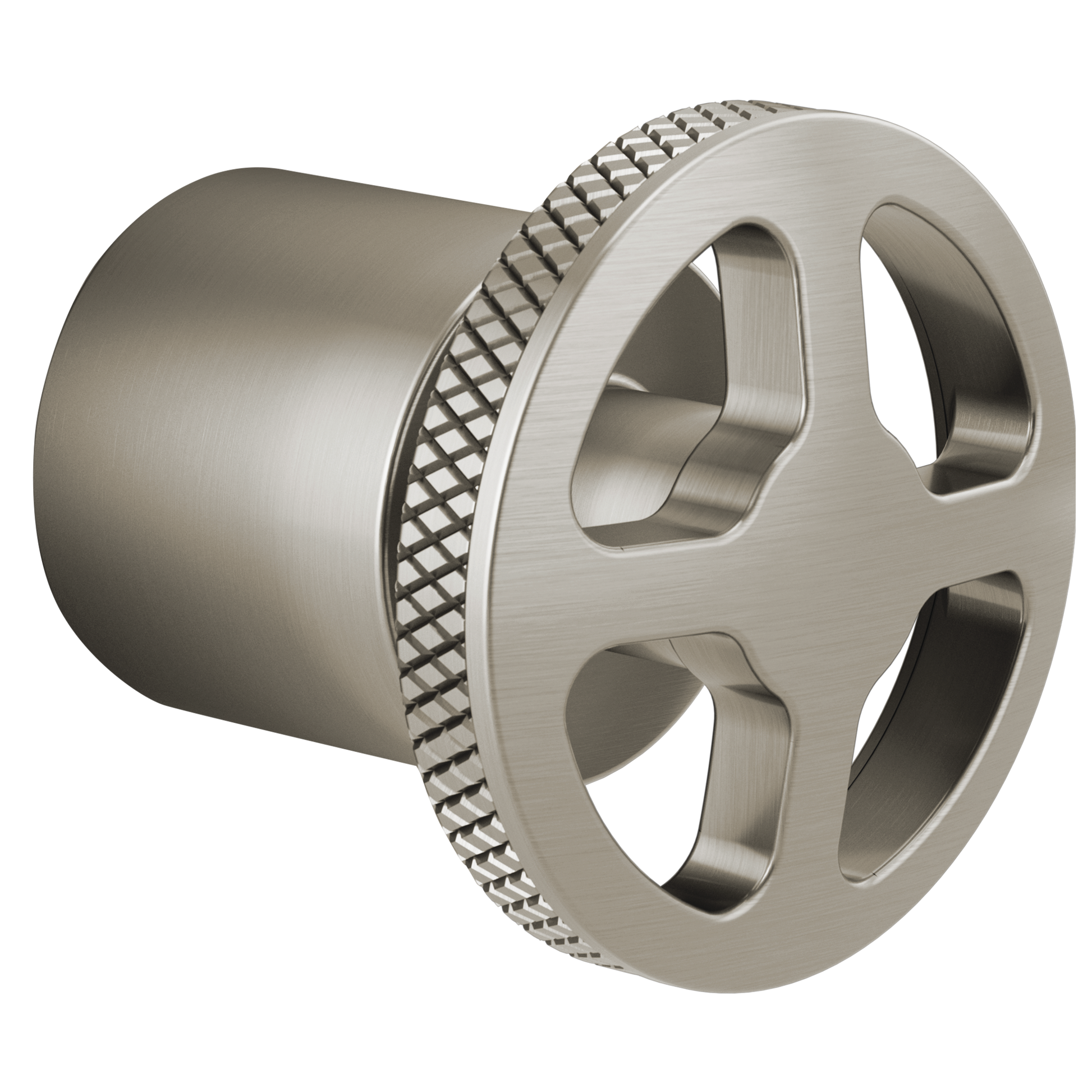Brushed nickel diverter trim wheel handle with textured grip ring and open cutout design.