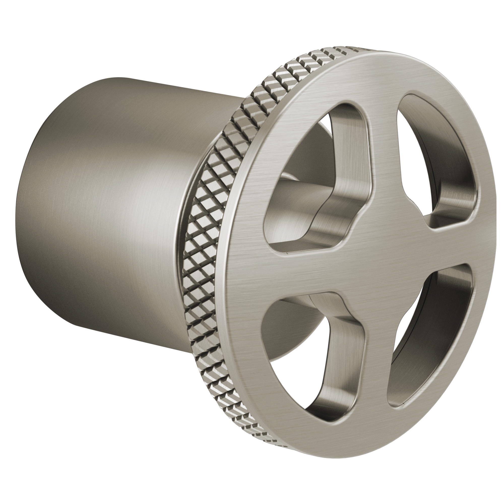 Brushed nickel diverter trim wheel handle with textured grip ring and open cutout design.