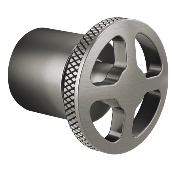 Brushed nickel diverter trim wheel handle with textured grip ring and cylindrical mounting base.