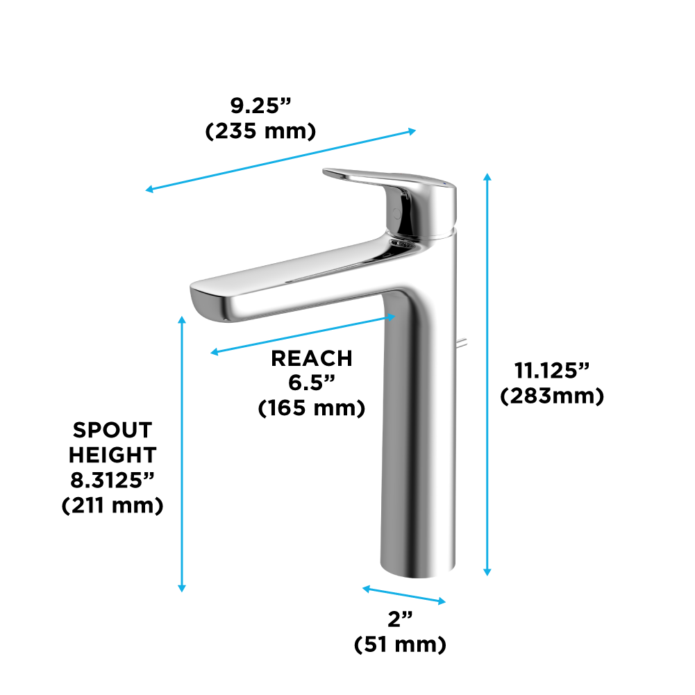 Polished chrome single-handle vessel faucet with curved spout and tall cylindrical body, shown with dimension measurements.